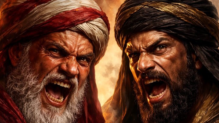 Ilustrasi AI - Mengupas kisah duo oposisi abadi di awal Islam, Abu Lahab dan Abu Jahal. Simak bagaimana kesombongan dan ketakutan kehilangan kekuasaan menghancurkan mereka.