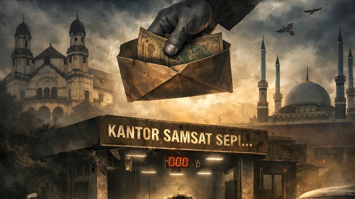 Ilustrasi AI - Warga Jateng lakukan perlawanan cerdas dengan menahan pajak kendaraan. Samsat sepi menjadi simbol gerakan sunyi yang efektif.