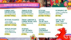 Poster infografis jadwal lengkap rangkaian acara perayaan Imlek dan Festival Cap Go Meh 2026 di Singkawang dengan ilustrasi Tatung dan ornamen khas Tionghoa. (Dok. HO/Faktakalbar.id)