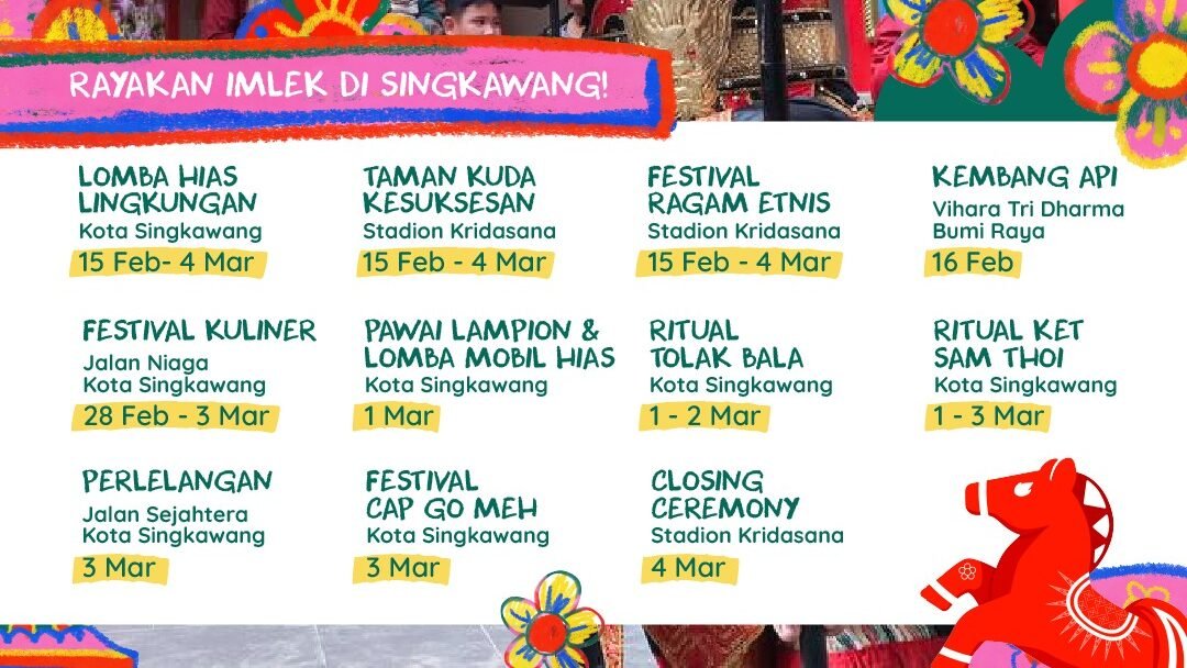 Poster infografis jadwal lengkap rangkaian acara perayaan Imlek dan Festival Cap Go Meh 2026 di Singkawang dengan ilustrasi Tatung dan ornamen khas Tionghoa. (Dok. HO/Faktakalbar.id)