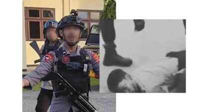 Kolase foto personel Brimob bersenjata dan dokumentasi dugaan kekerasan terhadap warga sipil dalam kasus kematian pelajar di Tual. (Dok. HO/Faktakalbar.id)