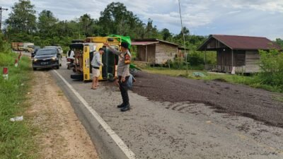 Kondisi truk bermuatan biji kelapa sawit yang tumbang dan menutupi badan jalan di tikungan Desa Tanjung Tengang, Kabupaten Melawi.