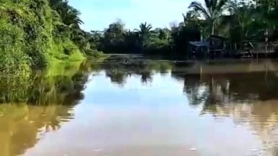 Penampakan aliran air Sungai Retok yang tampak berwarna cokelat pekat dan keruh, menjadi sumber utama penyakit kulit bagi warga di perbatasan Kubu Raya dan Landak.