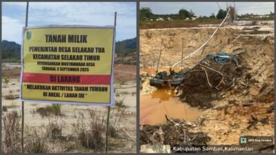 Kondisi lahan aset desa di kawasan Kolam Biru yang mengalami kerusakan parah akibat lubang galian aktivitas pertambangan emas tanpa izin (PETI) di Selakau Tua, Sambas.