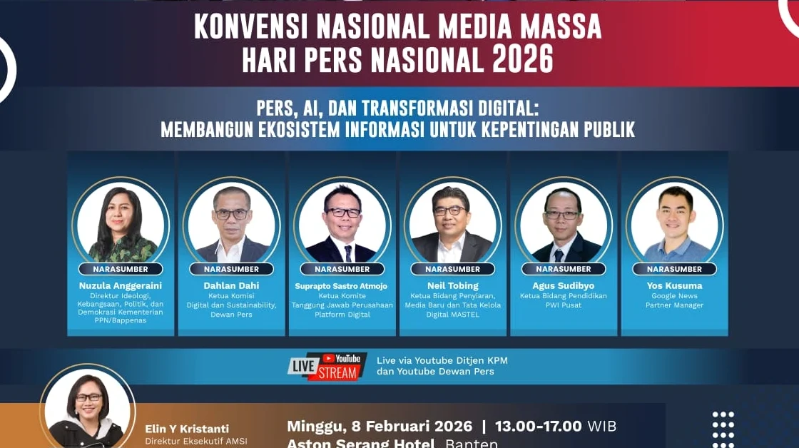 "Hari Pers Nasional 2026 di Banten gelar Konvensi Nasional Media Massa bahas AI dan transformasi digital. Hadirkan Menkomdigi Meutya Hafid dan tokoh pers nasional."