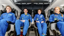Empat kru misi SpaceX Crew-12, Jessica Meir, Jack Hathaway, Sophie Adenot, dan Andrey Fedyaev, bersiap di dalam kapsul Dragon untuk misi ke ISS. (Dok. NASA)