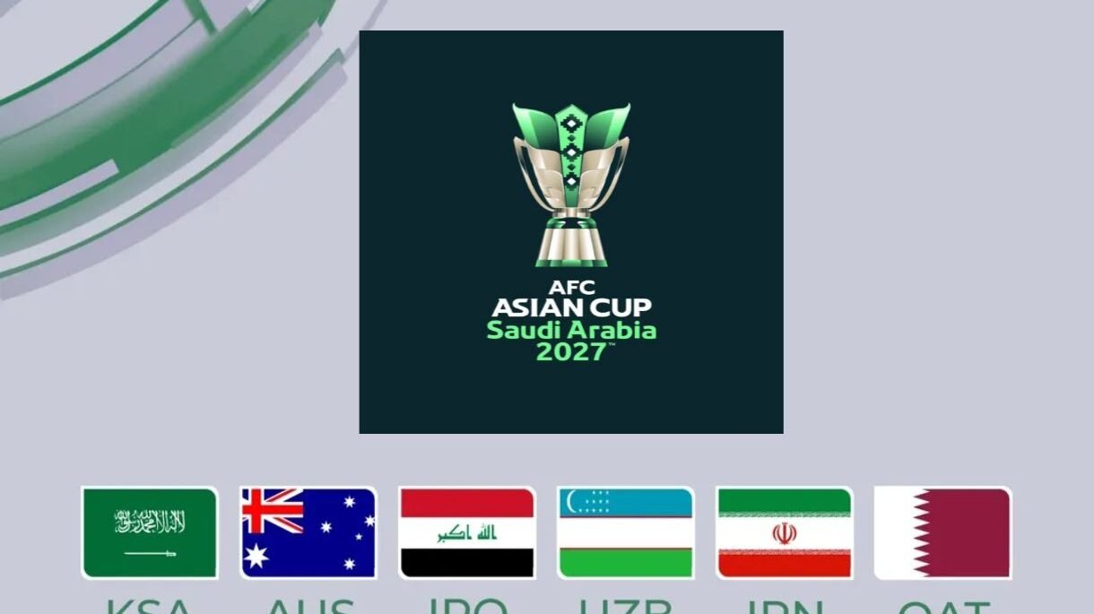 Logo resmi AFC Asian Cup Saudi Arabia 2027 yang menampilkan elemen desain arsitektur Najdi dan trofi ikonik. (Dok. HO/Faktakalbar.id)