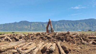 Alat berat dikerahkan untuk membantu pembersihan material potongan kayu yang menutupi areal persawahan pascabanjir di Toweran, Kecamatan Lut Tawar, Kabupaten Aceh Tengah, Provinsi Aceh, Minggu (22/2).