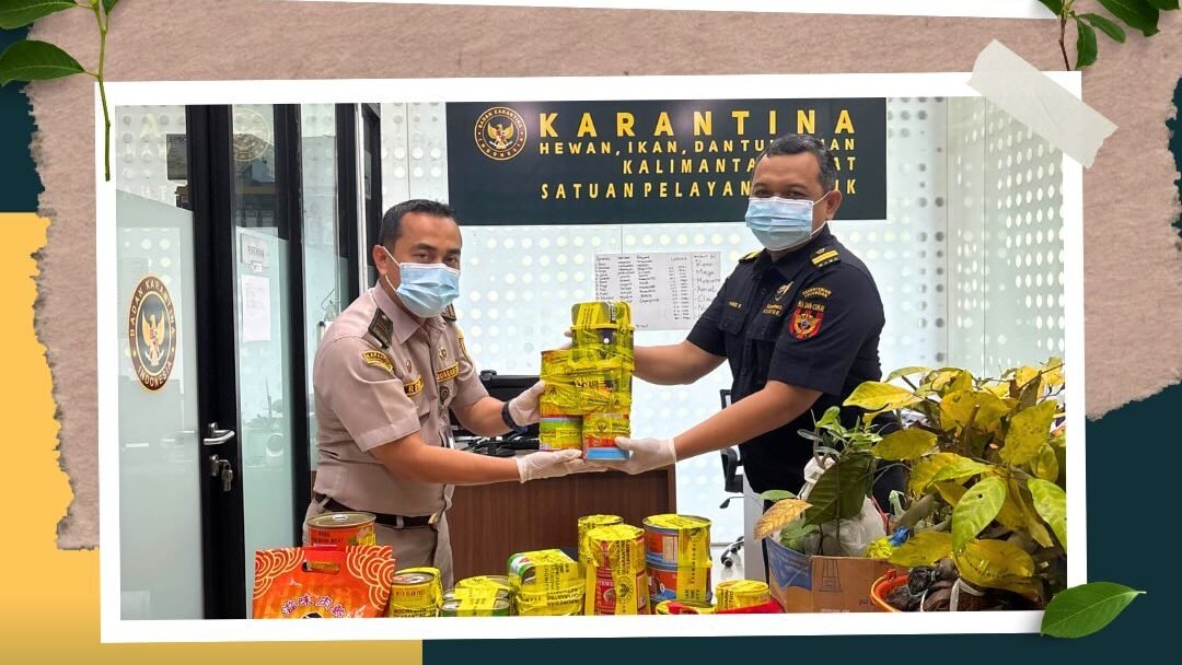 Petugas Karantina dan Bea Cukai memperlihatkan barang bukti produk olahan daging dan bibit tanaman ilegal yang diamankan di Kantor Satpel PLBN Aruk. (Dok. HO/Faktakalbar.id)