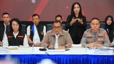 Konferensi pers pengungkapan jaringan tindak pidana perdagangan orang (TPPO) dengan modus jual beli bayi di Gedung Bareskrim Polri, Jakarta, Rabu (25/2/2026).