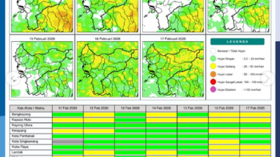 Peta sebaran potensi hujan harian di wilayah Kalimantan Barat periode 11-17 Februari 2026 yang dirilis oleh BMKG.