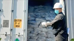 Petugas Karantina Kalimantan Barat menggunakan masker dan helm keselamatan sedang memeriksa kualitas ikan beku dan produk perikanan di dalam kontainer berpendingin di Pelabuhan Dwikora. (Dok. HO/Faktakalbar.id)