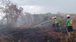 Sejumlah personel Tim SAR Direktorat Samapta Polda Kalbar saat melakukan pembasahan lahan di lokasi temuan titik api Karhutla di Jalan Madusari, Kabupaten Kubu Raya, Senin (2/2/2026).