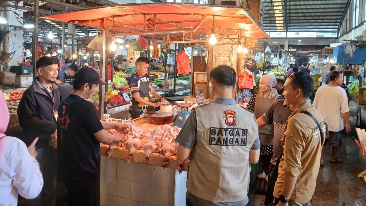 Petugas Satgas Pangan Kalimantan Barat mengenakan rompi cokelat sedang mengecek harga dan ketersediaan daging ayam di lapak pedagang Pasar Flamboyan menjelang Imlek 2026. (Dok. HO/Faktakalbar.id)