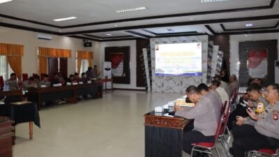 Suasana kegiatan Asistensi dan Evaluasi Pembangunan Zona Integritas yang digelar Tim Rorena Polda Kalbar di Aula Tribrata Polres Melawi, Kamis (5/2).