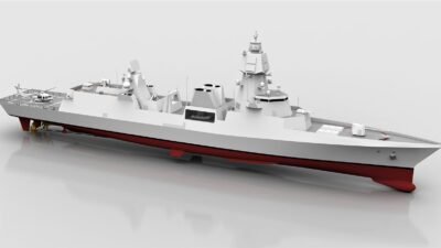 Desain render 3D kapal frigat pertahanan udara KM-F148 buatan perusahaan Turki Kuasar Marin yang dilengkapi helikopter di dek penerbangan. (Dok. HO/Faktakalbar.id)