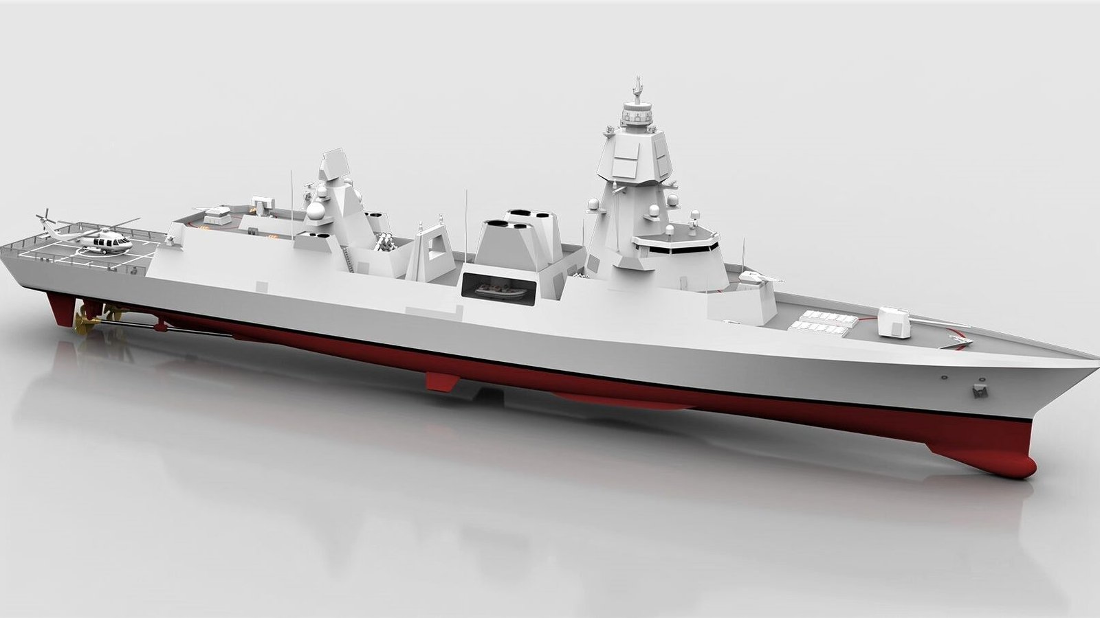 Desain render 3D kapal frigat pertahanan udara KM-F148 buatan perusahaan Turki Kuasar Marin yang dilengkapi helikopter di dek penerbangan. (Dok. HO/Faktakalbar.id)