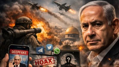 Ilustrasi AI - Mengulik hoaks tentang kematian Benjamin Netanyahu sebagai contoh nyata perang narasi dan informasi di era digital abad ke-21. (Dok: HO/Faktakalbar.id)