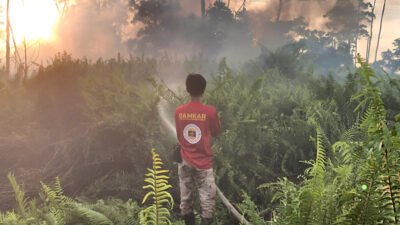 Tim pemadam kebakaran Parit Haji Muksin memadamkan api yang membakar hutan dan lahan di Desa Punggur Kecik Kabupaten Kubu Raya. (Dok: HO/Faktakalbar.id)