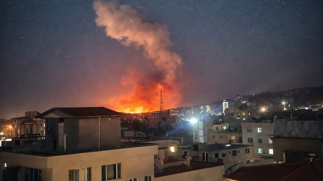 Pemandangan malam hari sebuah kota dengan gumpalan asap tebal dan api membumbung tinggi akibat ledakan di tengah pemukiman. (Dok. Ist)