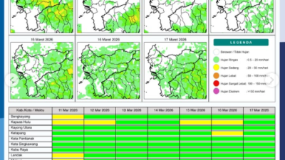Peta Potensi Hujan Harian wilayah Kalimantan Barat periode 11 hingga 17 Maret 2026