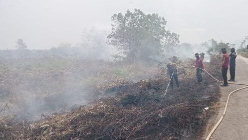 Personel kepolisian saat melakukan pemadaman di lokasi titik api kebakaran hutan dan lahan di wilayah Kecamatan Mempawah Timur, Rabu (24/3/2026).