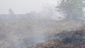 Personel kepolisian saat melakukan pemadaman di lokasi titik api kebakaran hutan dan lahan di wilayah Kecamatan Mempawah Timur, Rabu (24/3/2026).