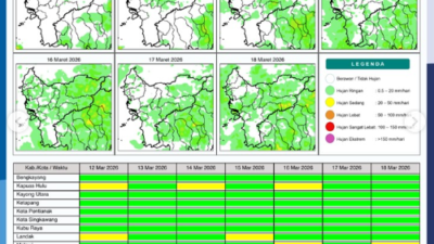 Infografis resmi BMKG yang menunjukkan data potensi hujan harian di wilayah Provinsi Kalimantan Barat untuk periode 12 hingga 18 Maret 2026.