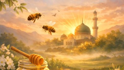 Ilustrasi AI - Refleksi pengajian subuh Ramadan dari Surah An-Nahl yang mengajak manusia merenungi dan bersyukur atas nikmat Allah serta belajar dari kehidupan lebah. (Dok: Gusti Hardiansyah)