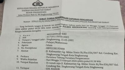 Foto Surat Tanda Penerimaan Laporan Pengaduan nomor STPLP/52/II/2026/SPKT/POLRES SINGKAWANG/POLDA KALIMANTAN BARAT. (Dok. Facebook/Reza S)