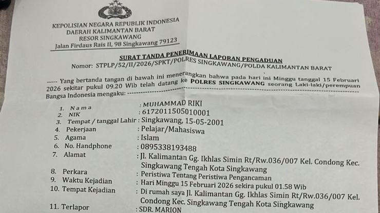 Foto Surat Tanda Penerimaan Laporan Pengaduan nomor STPLP/52/II/2026/SPKT/POLRES SINGKAWANG/POLDA KALIMANTAN BARAT. (Dok. Facebook/Reza S)