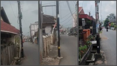 Kondisi tiang utilitas milik Telkom yang memakan badan jalan di sejumlah ruas Kota Pontianak dan kerap membahayakan keselamatan pengguna kendaraan bermotor.