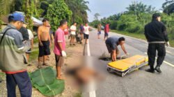 Aparat kepolisian saat melakukan evakuasi korban tewas akibat tabrak lari di depan pemakaman Katolik Dusun Baharu Desa Suka Gerundi. (Dok. Ist)
