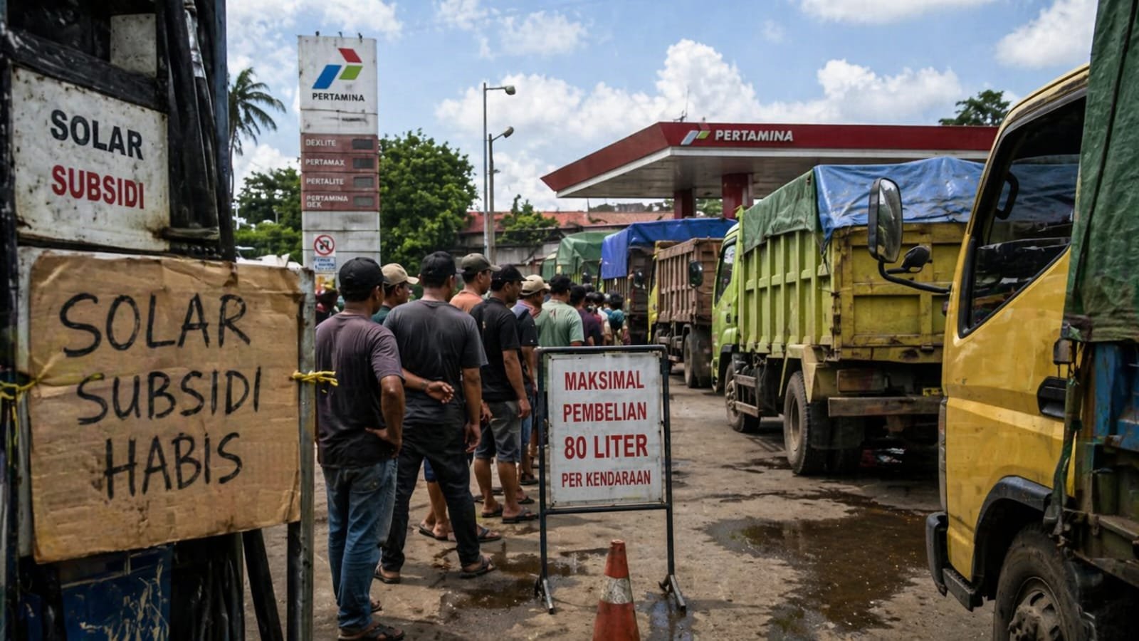 Antrean panjang kendaraan truk di salah satu SPBU di Kalimantan Barat akibat kelangkaan solar subsidi yang memicu lonjakan biaya operasional logistik.