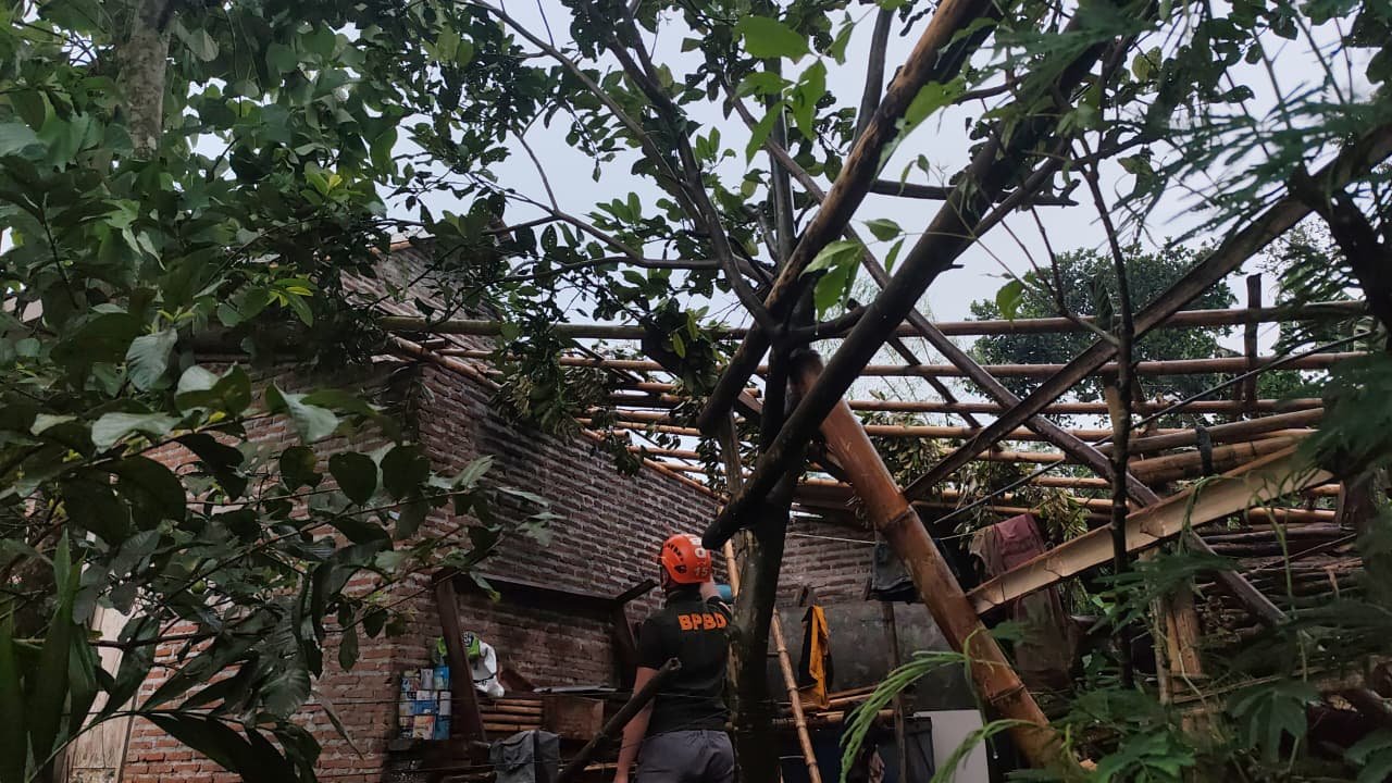 Petugas BPBD Kabupaten Demak bersama warga melakukan asesmen dan membersihkan puing-puing atap rumah warga yang rusak akibat hempasan angin kencang.