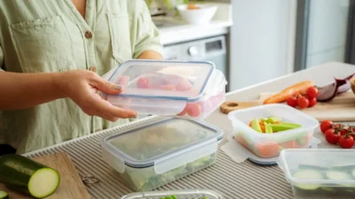 Ilustrasi berbagai jenis buah, sayuran, dan bahan pangan mentah yang disarankan untuk tidak disimpan menggunakan tempat berbahan dasar plastik.