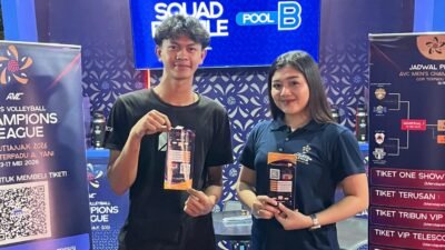 Salah Satu Fasilitas stan promosi resmi turnamen bola voli internasional AVC 2026 Men's Champions League yang didirikan di kawasan GOR Amongrogo, Kota Yogyakarta.