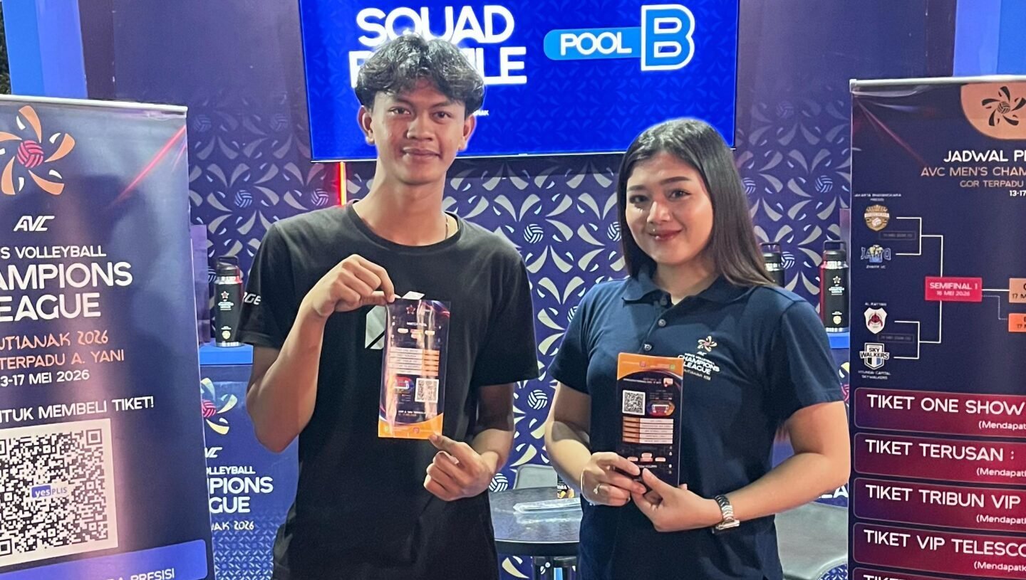 Salah Satu Fasilitas stan promosi resmi turnamen bola voli internasional AVC 2026 Men's Champions League yang didirikan di kawasan GOR Amongrogo, Kota Yogyakarta.