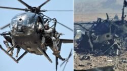 Kolase foto helikopter MH-6 Little Bird yang digunakan pasukan militer AS bersanding dengan puing-puing pesawat yang hancur pasca operasi penyelamatan di wilayah Iran. (Dok. HO/Faktakalbar.id)