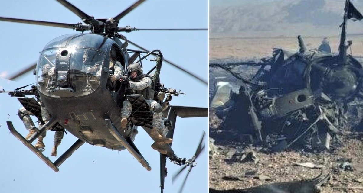 Kolase foto helikopter MH-6 Little Bird yang digunakan pasukan militer AS bersanding dengan puing-puing pesawat yang hancur pasca operasi penyelamatan di wilayah Iran. (Dok. HO/Faktakalbar.id)