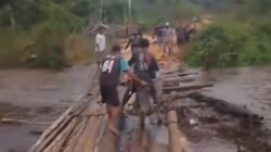 Kondisi jembatan penghubung yang mengalami kerusakan di Desa Sungai Antu Hulu, Kecamatan Belitang Hulu, Kabupaten Sekadau, yang terpaksa diperbaiki secara swadaya oleh warga.