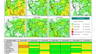 Peta prakiraan potensi hujan harian di wilayah Kalimantan Barat periode 5 hingga 11 April 2026