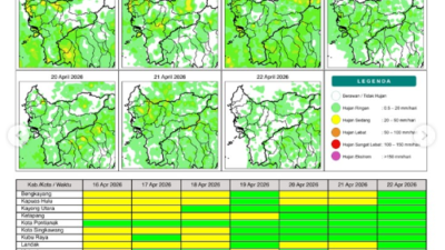 Peta prakiraan potensi curah hujan harian di wilayah Provinsi Kalimantan Barat