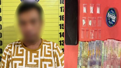 Seorang Tersangka beserta Barang bukti berupa puluhan paket sabu, timbangan digital, dan alat isap yang disita petugas dari dua tersangka pengedar narkotika di Kelurahan Sungai Sengkuang.