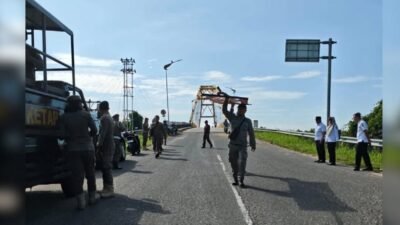Anggota Satpol PP Kabupaten Ketapang sedang menertibkan atribut atau banner yang terpasang tidak pada tempatnya di kawasan Jembatan Pawan 5. (Dok. HO/Faktakalbar.id)