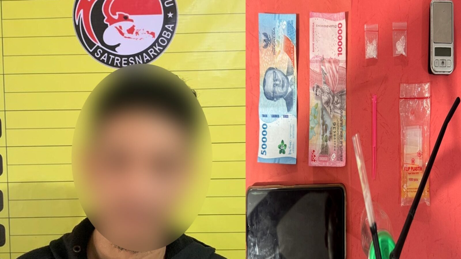 Seorang Tersangka beserta Barang bukti berupa puluhan paket sabu, timbangan digital, dan alat isap yang disita petugas dari dua tersangka pengedar narkotika di Kelurahan Sungai Sengkuang. (Dok. Ist)