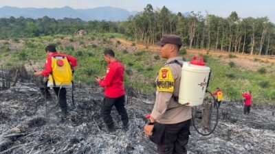 Personel kepolisian dan tim Manggala Agni saat turun langsung memverifikasi lokasi lahan bekas kebakaran di Dusun Sotok, Kecamatan Sekayam.