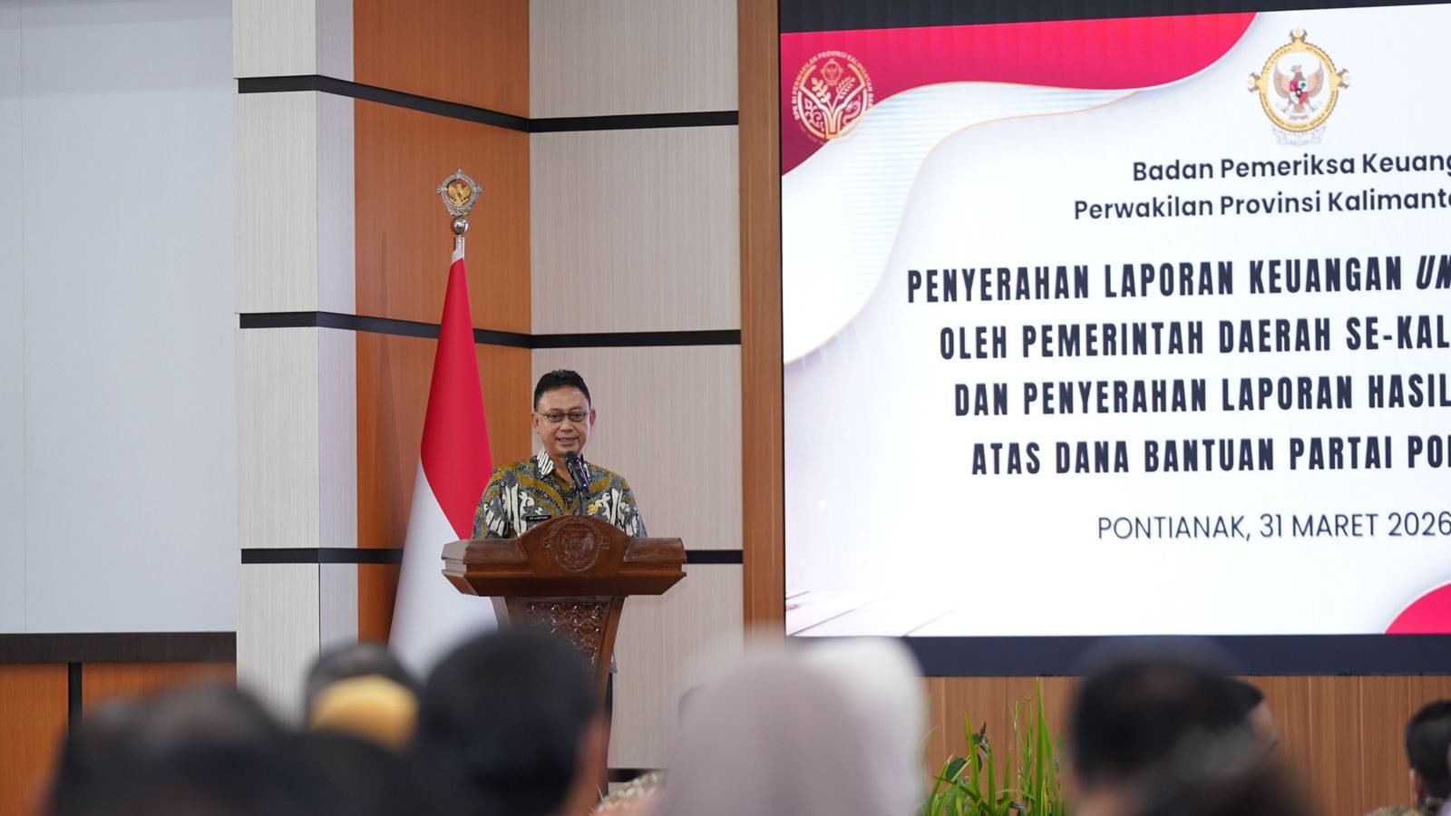 Wali Kota Pontianak Edi Kamtono memberikan sambutan saat penyerahan Laporan Keuangan Unaudited Tahun 2025 di Kantor Perwakilan BPK RI Provinsi Kalimantan Barat. (Dok. HO/Faktakalbar.id)