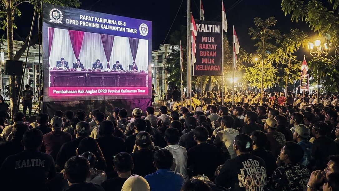 Ribuan masyarakat Kalimantan Timur saat menggelar unjuk rasa pada malam hari untuk mendesak transparansi dan pengesahan hak angket oleh DPRD setempat.