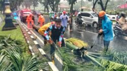 BPBD Kabupaten Bogor bersama tim gabungan membersihkan material pohon yang tumbang akibat diterjang angin kencang pada Jumat (1/5). (Dok. HO/Faktakalbar.id)